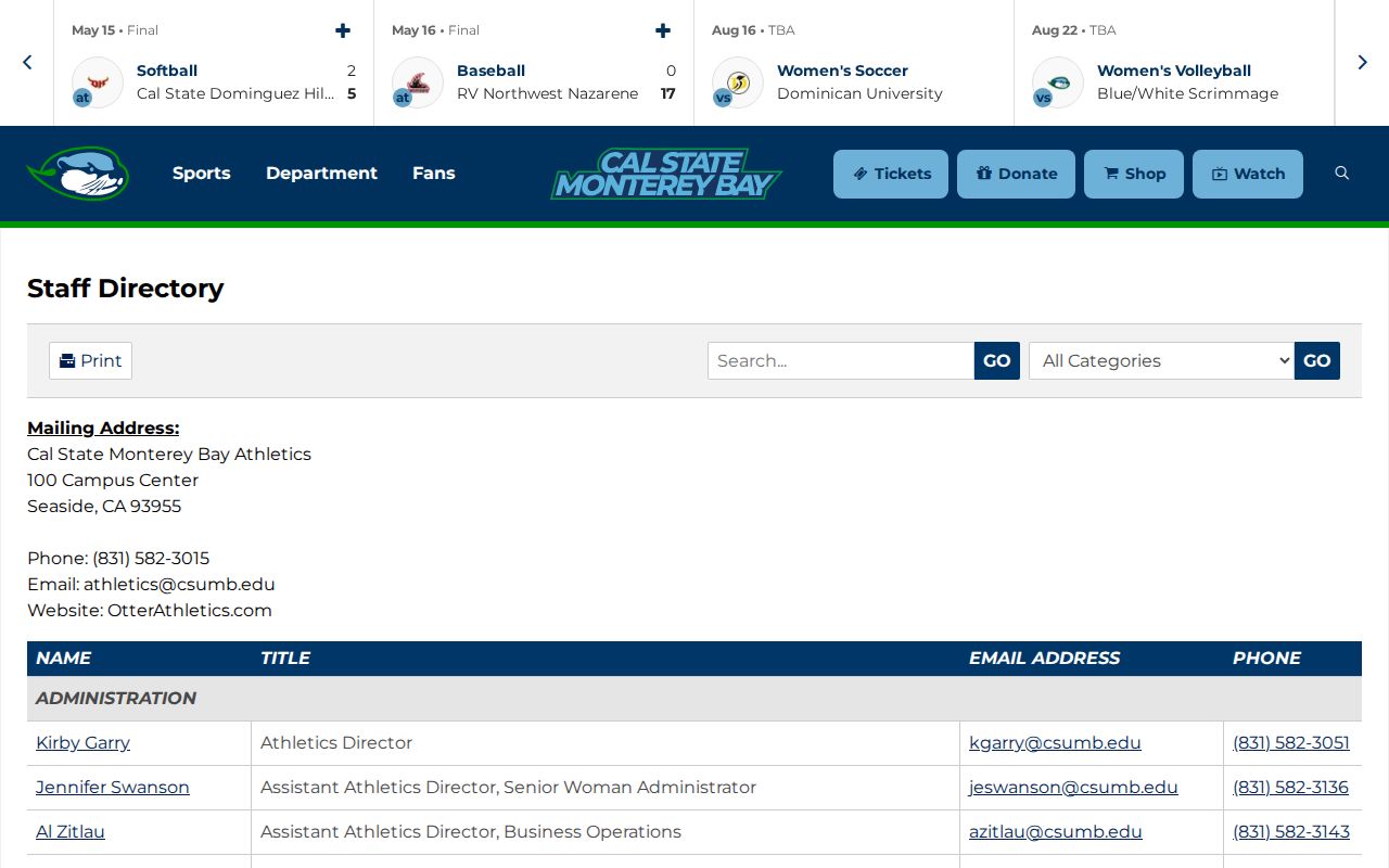 Seaside people directories search in the CSUMB Athletics staff directory