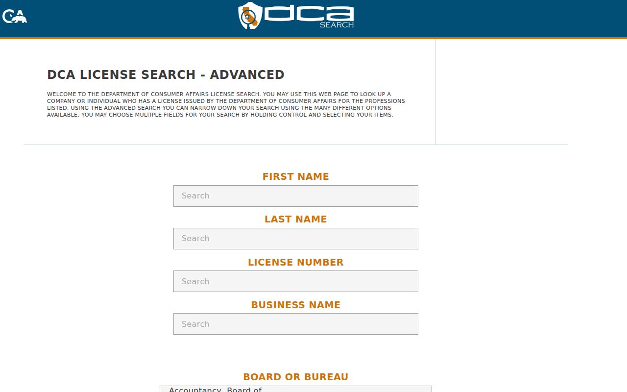 Seaside public records access through the California DCA advanced license search