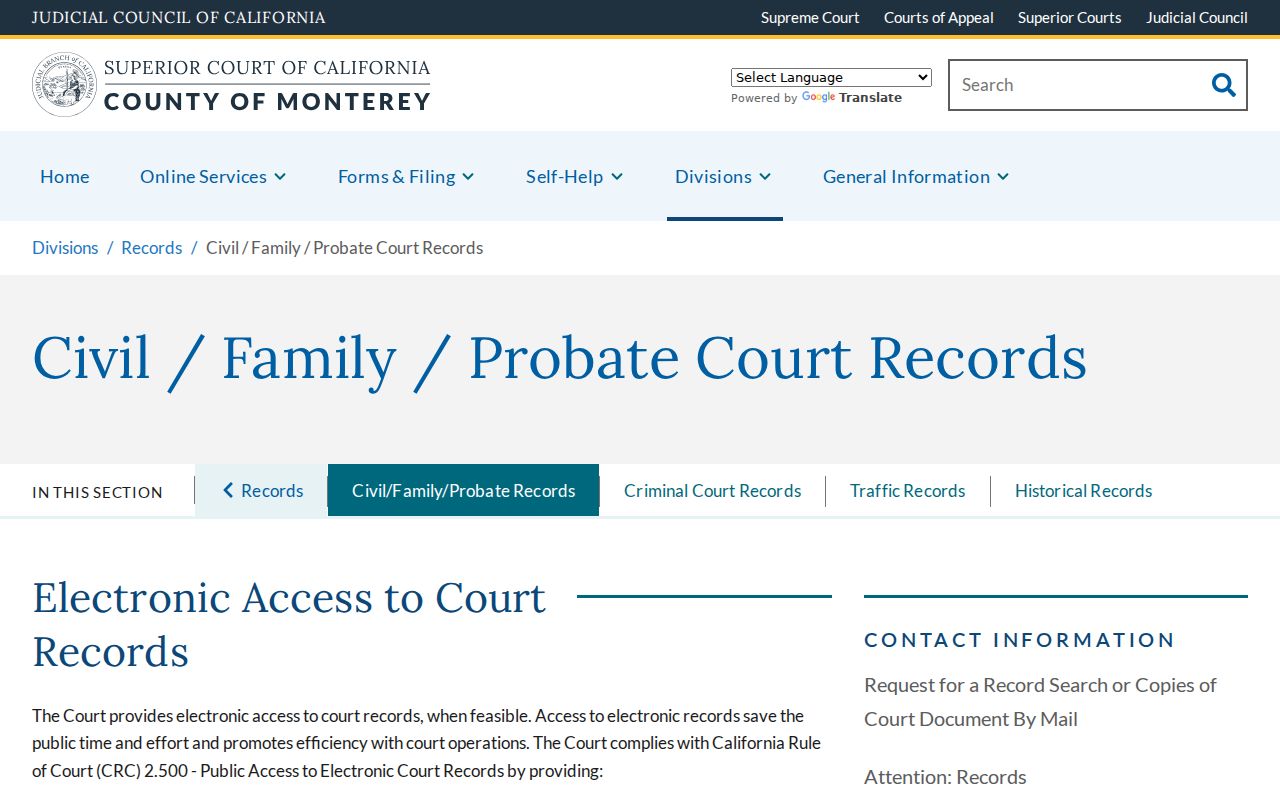 Seaside public records instructions for Monterey Superior Court civil family and probate files